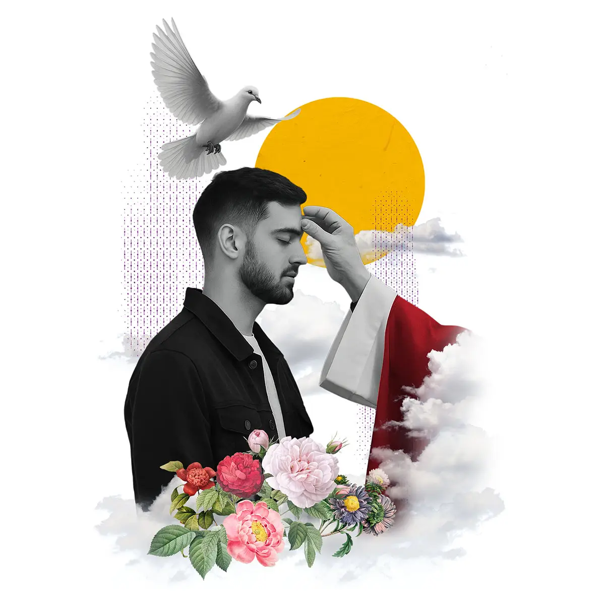 Bierzmowanie w parafii św. Franciszka z Asyżu w Zielonej Górze – kapłan udziela sakramentu Ducha Świętego, symbolizowanego przez gołębicę i światło, znak wiary i dojrzałości chrześcijańskiej.