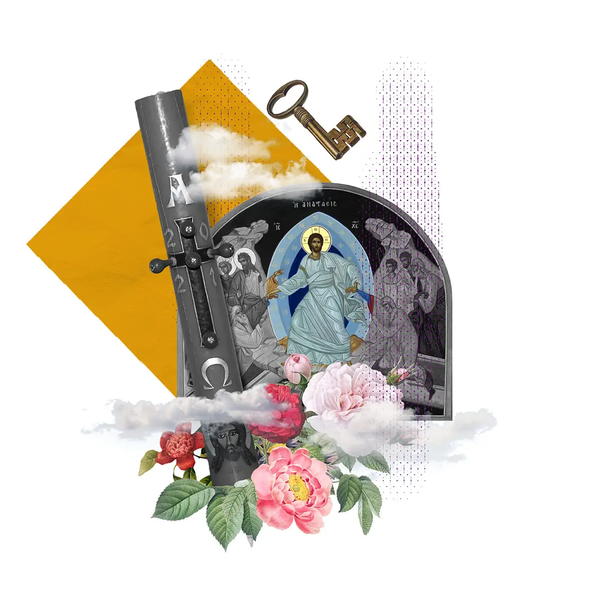 Ilustracja z ikoną Zmartwychwstania, krzyżem i kluczem — symbol chrześcijańskiej nadziei i powrotu do Boga Ojca. Parafia św. Franciszka z Asyżu w Zielonej Górze.